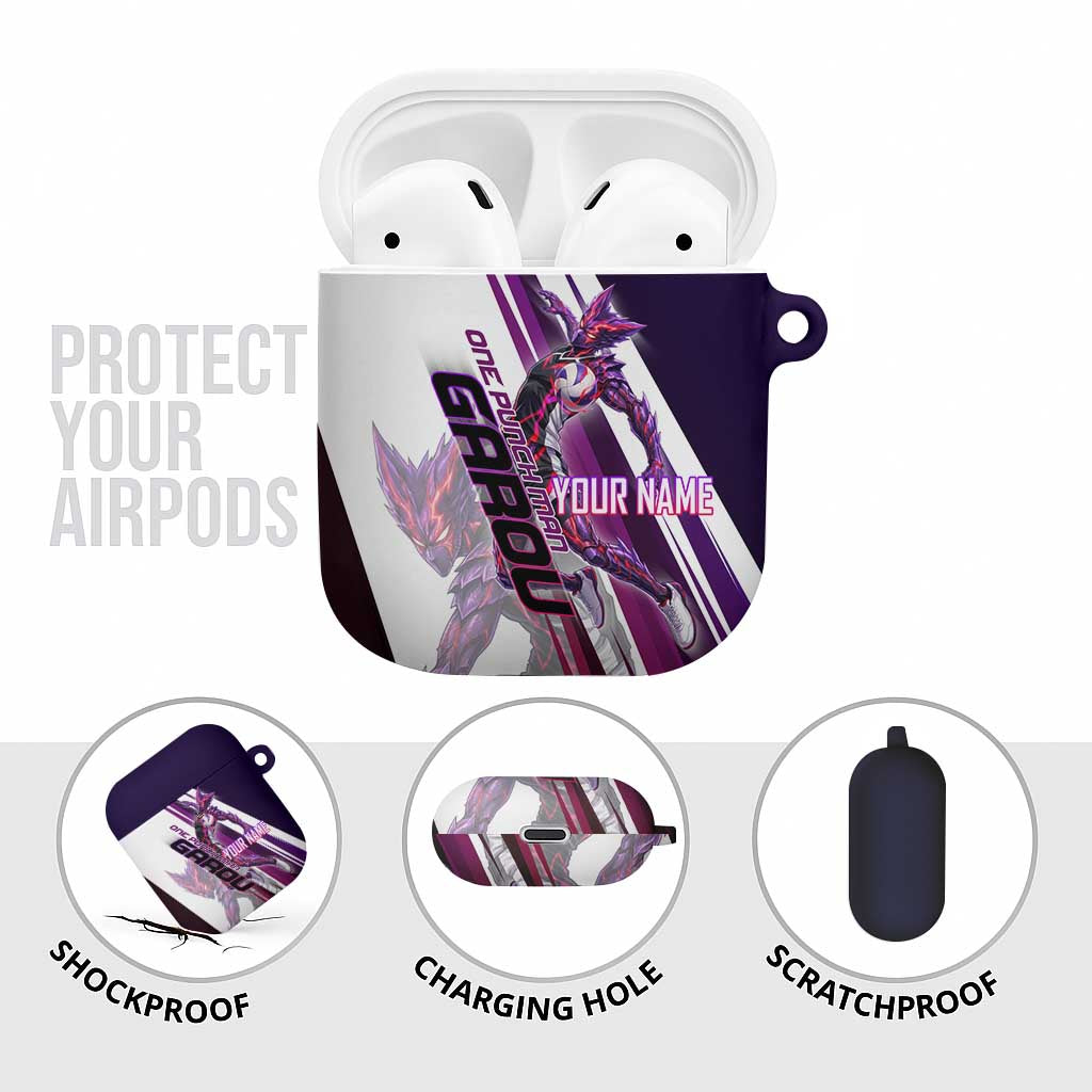 Personalized Garou Monster Volleyball Design AirPods Case with Dynamic Pose, Purple and White Diagonal Stripes Featuring One Punch Man Anime Theme