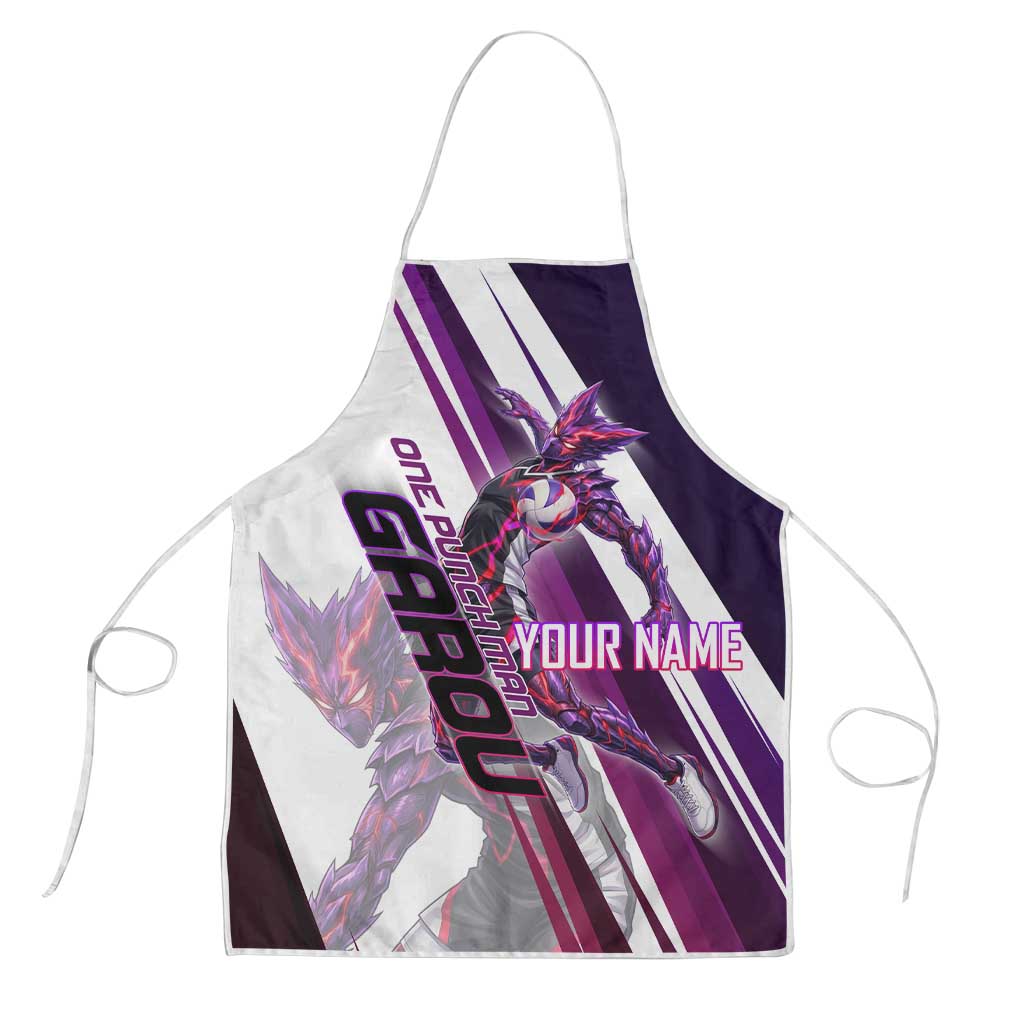 Personalized Garou Monster Volleyball Design Apron with Dynamic Pose, Purple and White Diagonal Stripes Featuring One Punch Man Anime Theme