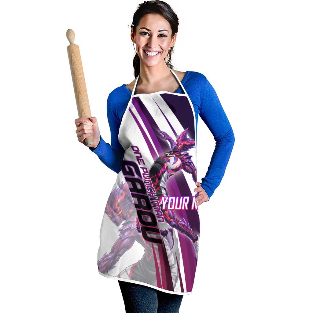 Personalized Garou Monster Volleyball Design Apron with Dynamic Pose, Purple and White Diagonal Stripes Featuring One Punch Man Anime Theme