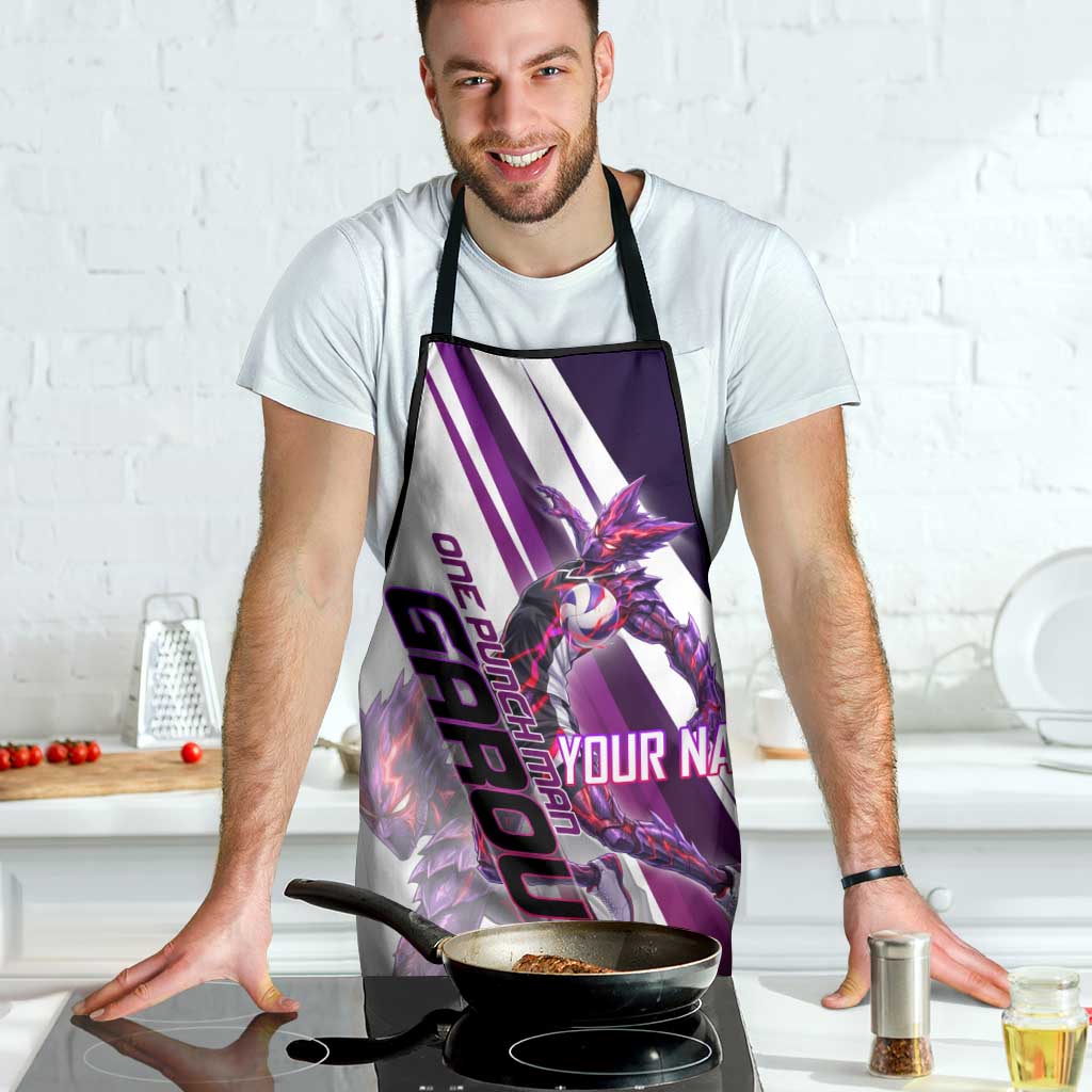 Personalized Garou Monster Volleyball Design Apron with Dynamic Pose, Purple and White Diagonal Stripes Featuring One Punch Man Anime Theme