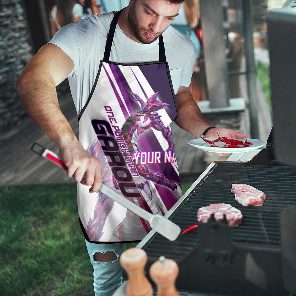 Personalized Garou Monster Volleyball Design Apron with Dynamic Pose, Purple and White Diagonal Stripes Featuring One Punch Man Anime Theme