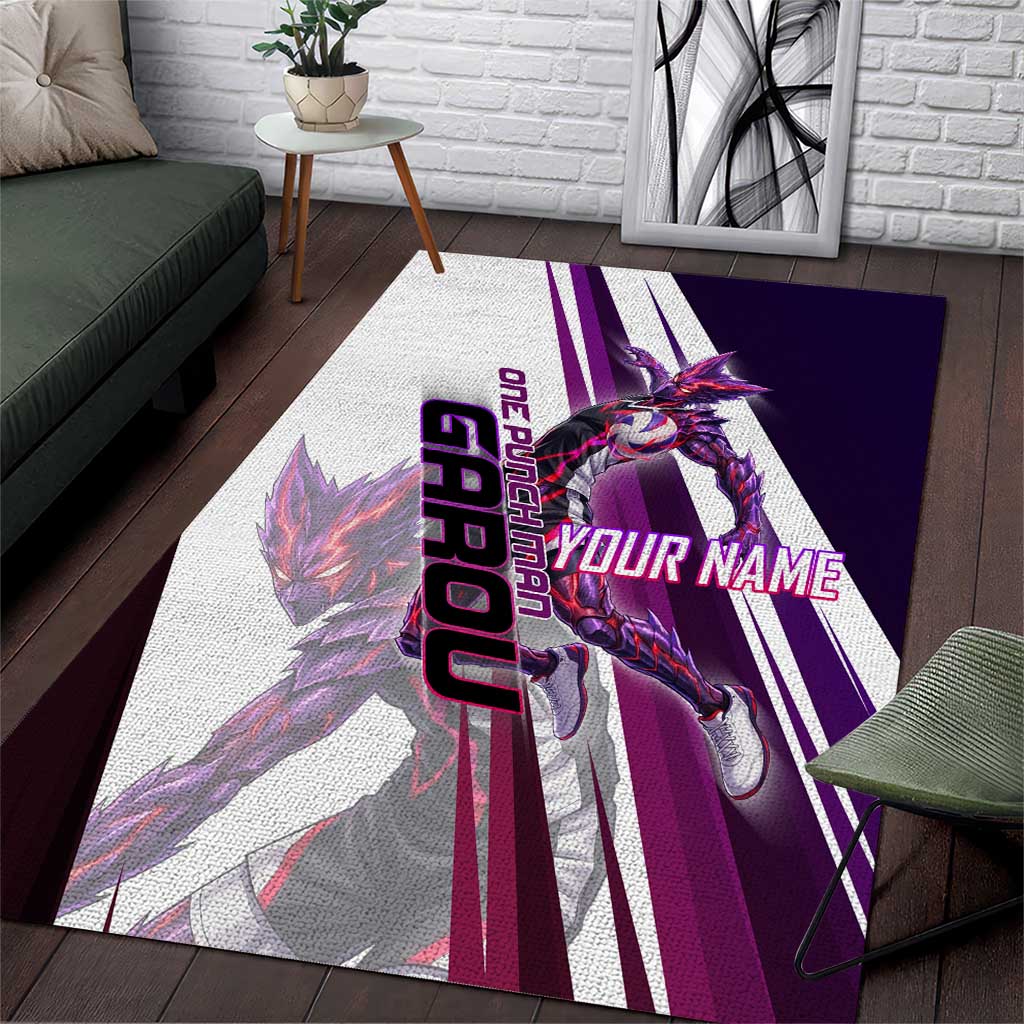 Personalized Garou Monster Volleyball Design Area Rug with Dynamic Pose, Purple and White Diagonal Stripes Featuring One Punch Man Anime Theme