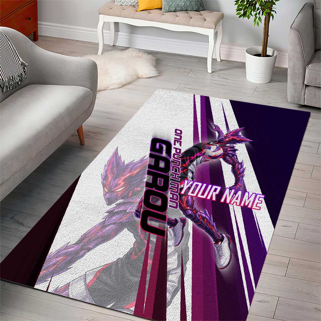 Personalized Garou Monster Volleyball Design Area Rug with Dynamic Pose, Purple and White Diagonal Stripes Featuring One Punch Man Anime Theme
