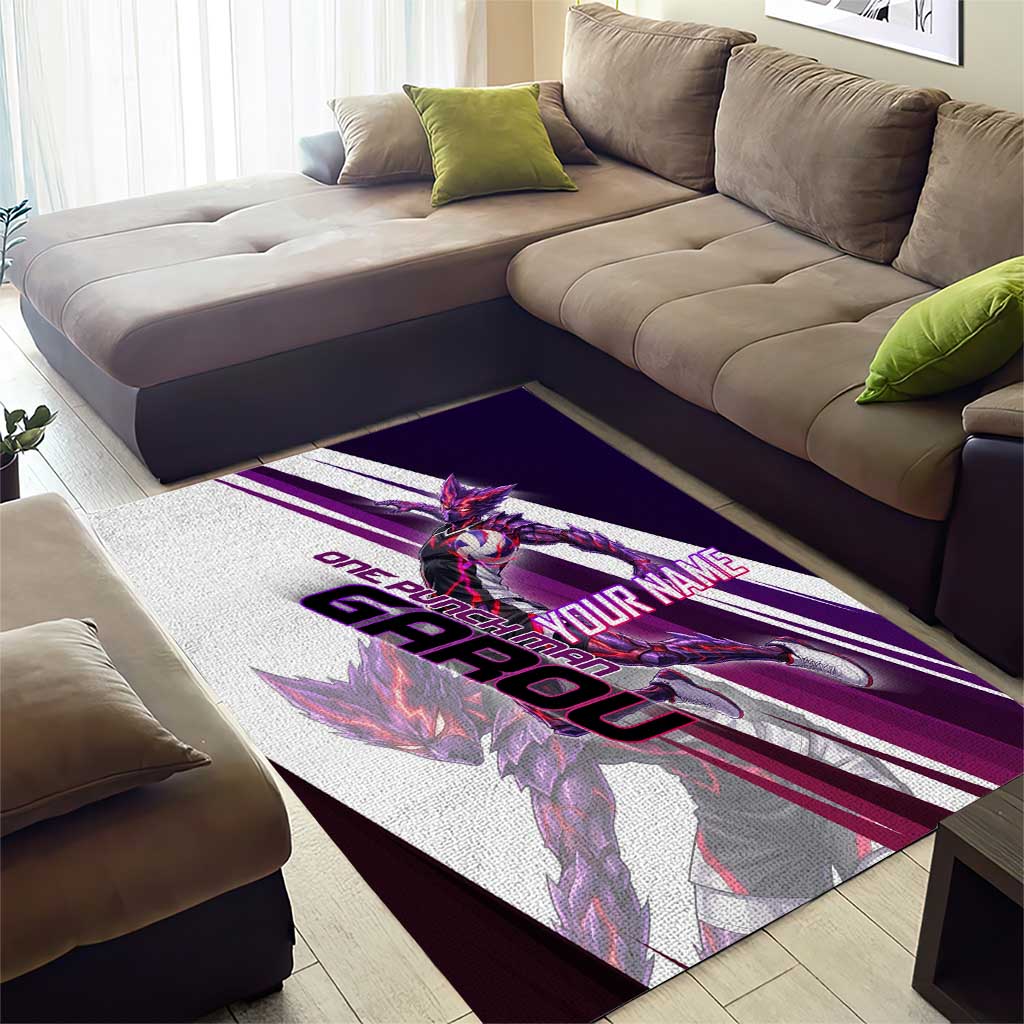 Personalized Garou Monster Volleyball Design Area Rug with Dynamic Pose, Purple and White Diagonal Stripes Featuring One Punch Man Anime Theme