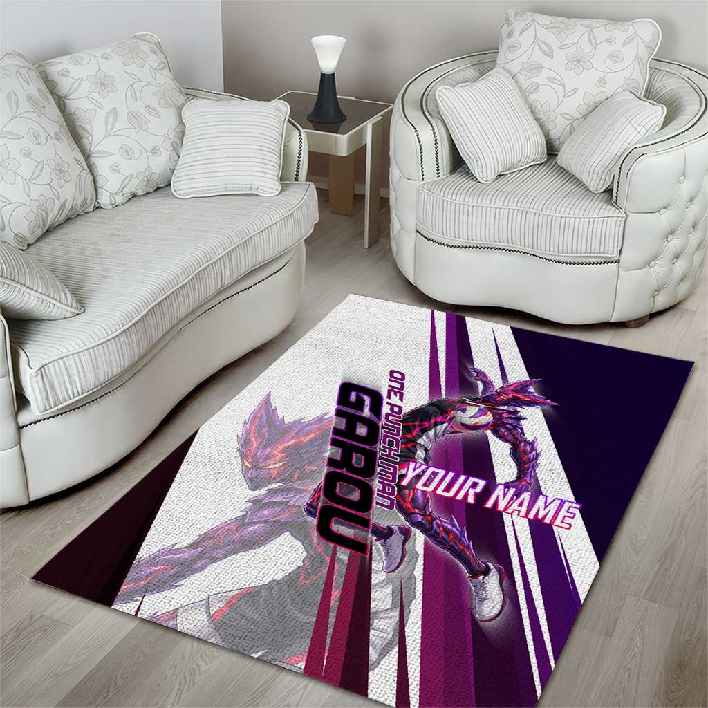 Personalized Garou Monster Volleyball Design Area Rug with Dynamic Pose, Purple and White Diagonal Stripes Featuring One Punch Man Anime Theme