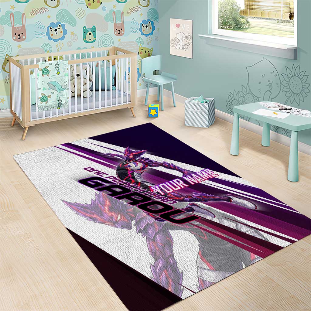 Personalized Garou Monster Volleyball Design Area Rug with Dynamic Pose, Purple and White Diagonal Stripes Featuring One Punch Man Anime Theme