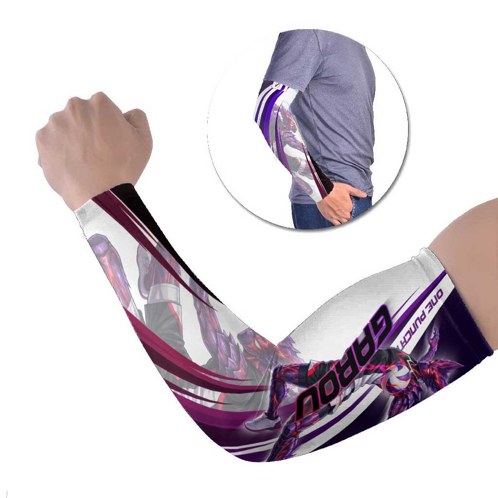Personalized Garou Monster Volleyball Design Arm Sleeves with Dynamic Pose, Purple and White Diagonal Stripes Featuring One Punch Man Anime Theme