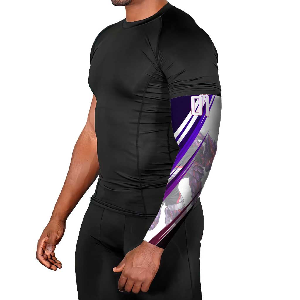 Personalized Garou Monster Volleyball Design Arm Sleeves with Dynamic Pose, Purple and White Diagonal Stripes Featuring One Punch Man Anime Theme