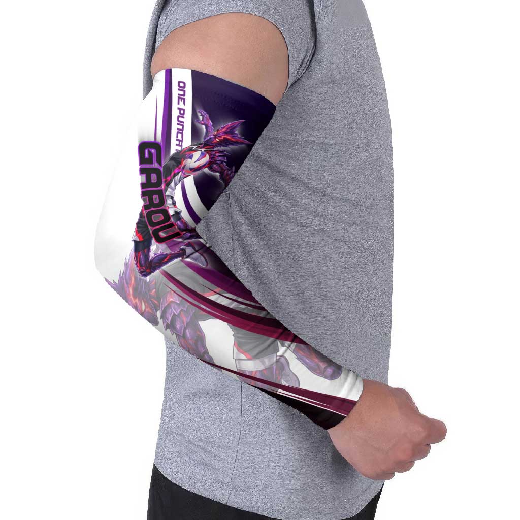 Personalized Garou Monster Volleyball Design Arm Sleeves with Dynamic Pose, Purple and White Diagonal Stripes Featuring One Punch Man Anime Theme
