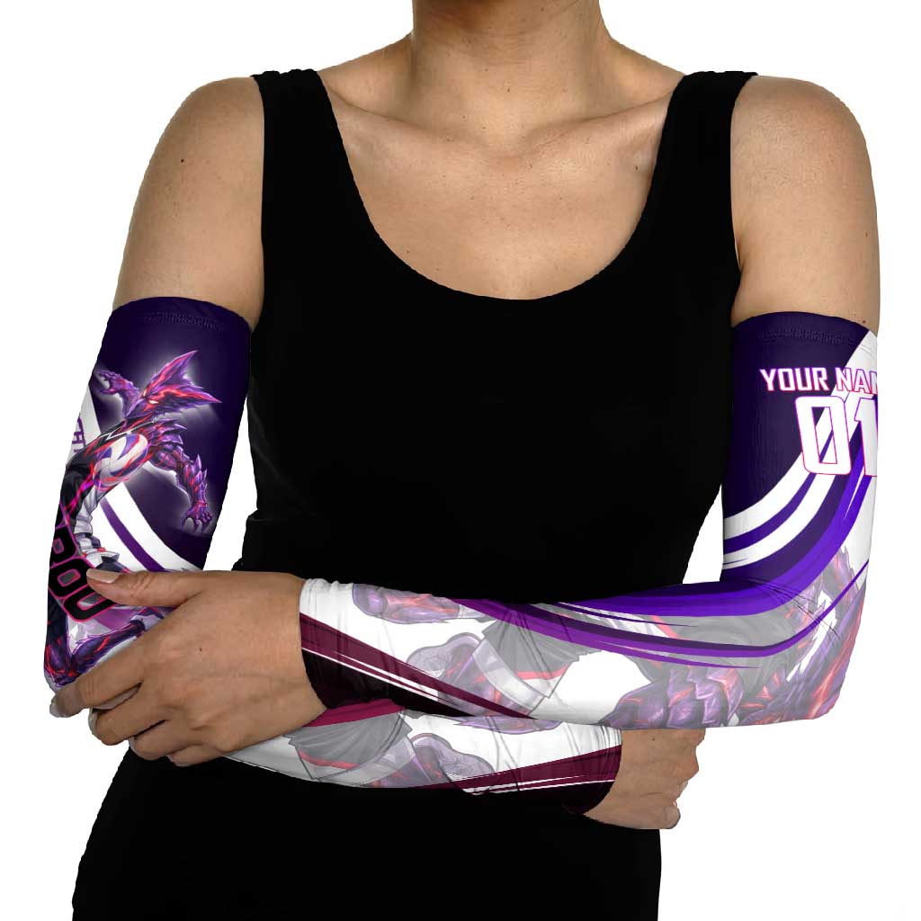 Personalized Garou Monster Volleyball Design Arm Sleeves with Dynamic Pose, Purple and White Diagonal Stripes Featuring One Punch Man Anime Theme