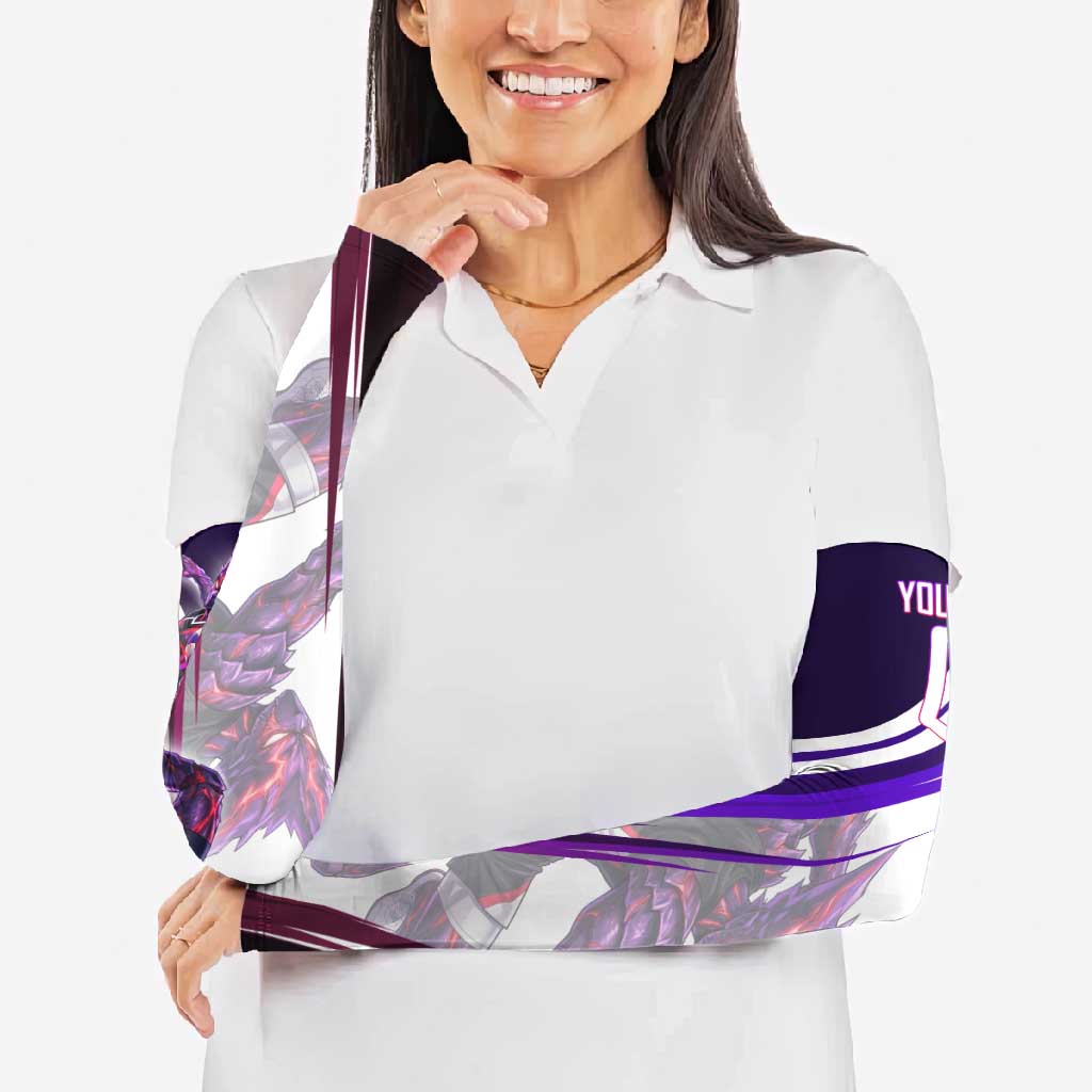Personalized Garou Monster Volleyball Design Arm Sleeves with Dynamic Pose, Purple and White Diagonal Stripes Featuring One Punch Man Anime Theme