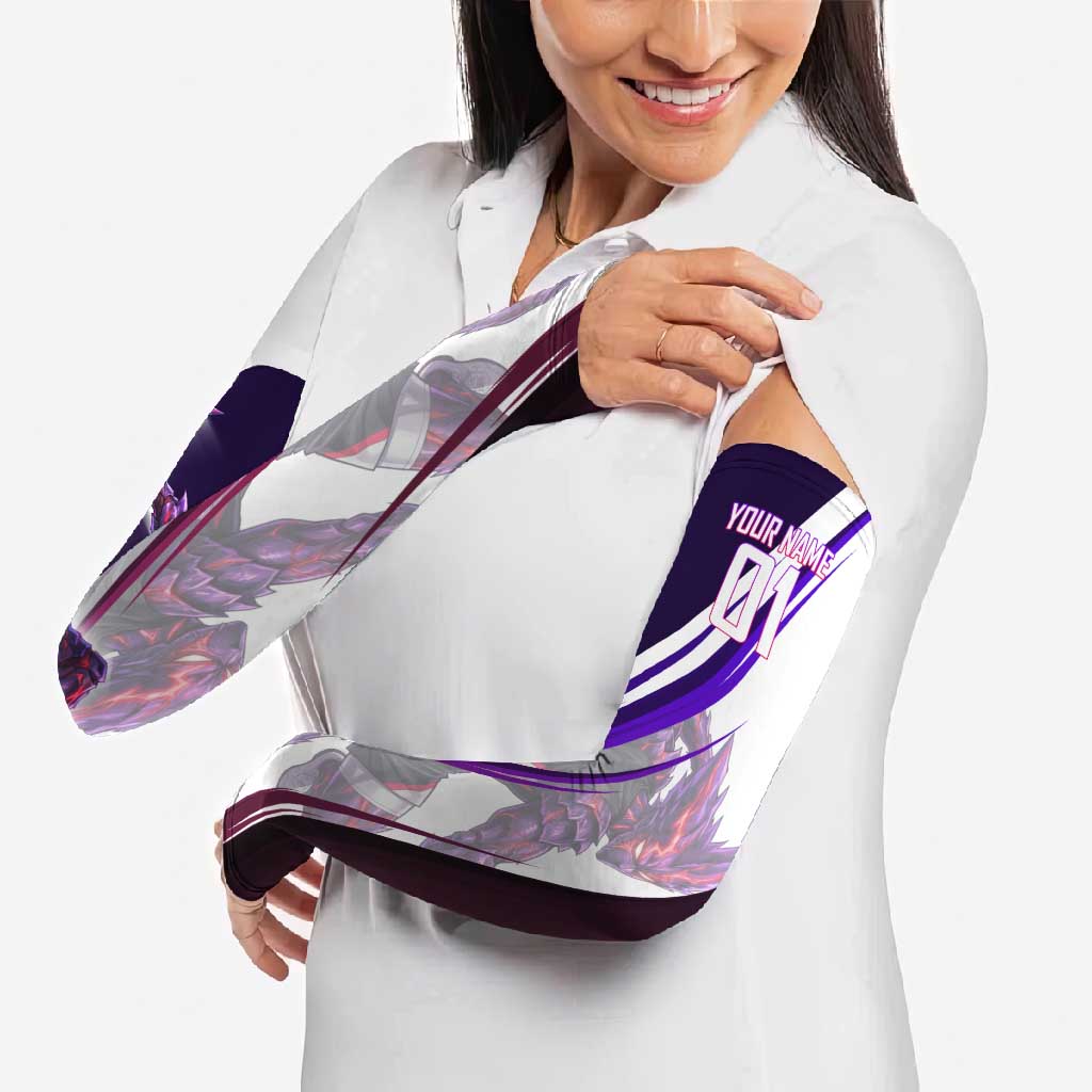 Personalized Garou Monster Volleyball Design Arm Sleeves with Dynamic Pose, Purple and White Diagonal Stripes Featuring One Punch Man Anime Theme