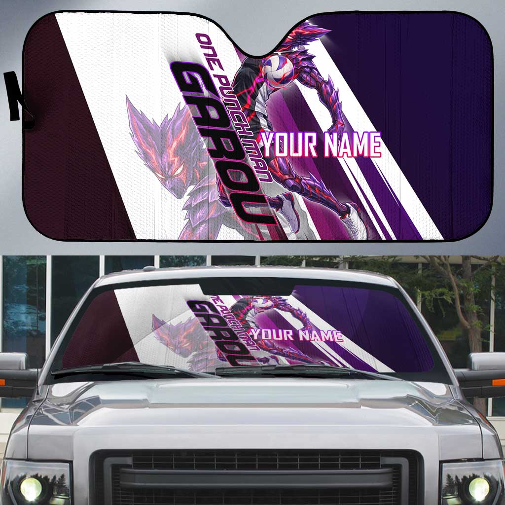 Personalized Garou Monster Volleyball Design Auto Sun Shade with Dynamic Pose, Purple and White Diagonal Stripes Featuring One Punch Man Anime Theme