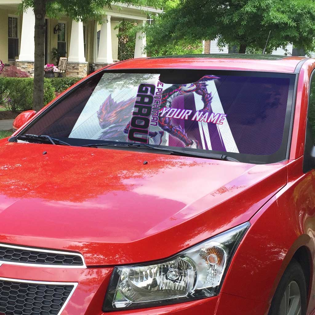 Personalized Garou Monster Volleyball Design Auto Sun Shade with Dynamic Pose, Purple and White Diagonal Stripes Featuring One Punch Man Anime Theme