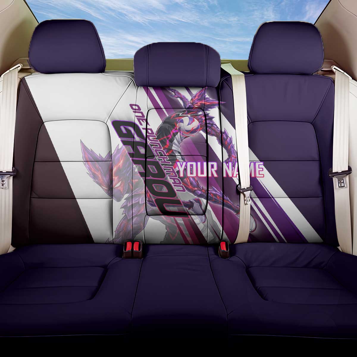 Personalized Garou Monster Volleyball Design Back Car Seat Cover with Dynamic Pose, Purple and White Diagonal Stripes Featuring One Punch Man Anime Theme