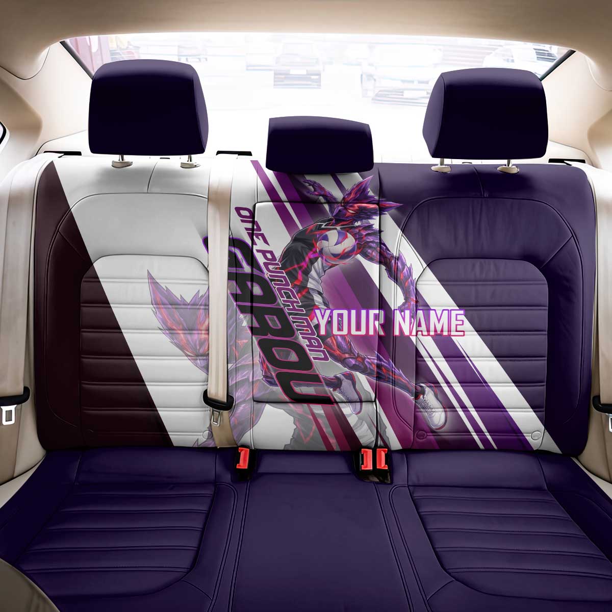 Personalized Garou Monster Volleyball Design Back Car Seat Cover with Dynamic Pose, Purple and White Diagonal Stripes Featuring One Punch Man Anime Theme