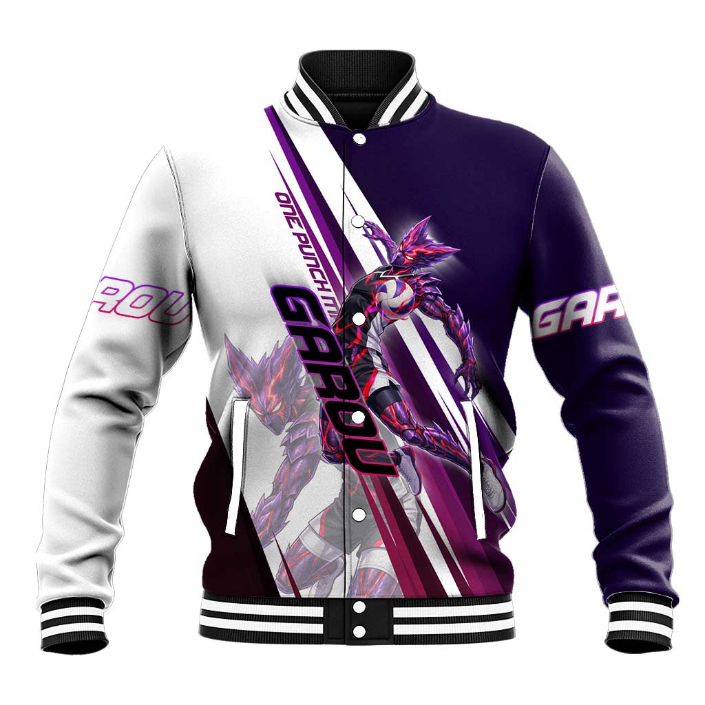 Personalized Garou Monster Volleyball Design Baseball Jacket with Dynamic Pose, Purple and White Diagonal Stripes Featuring One Punch Man Anime Theme
