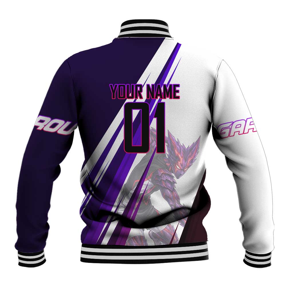 Personalized Garou Monster Volleyball Design Baseball Jacket with Dynamic Pose, Purple and White Diagonal Stripes Featuring One Punch Man Anime Theme