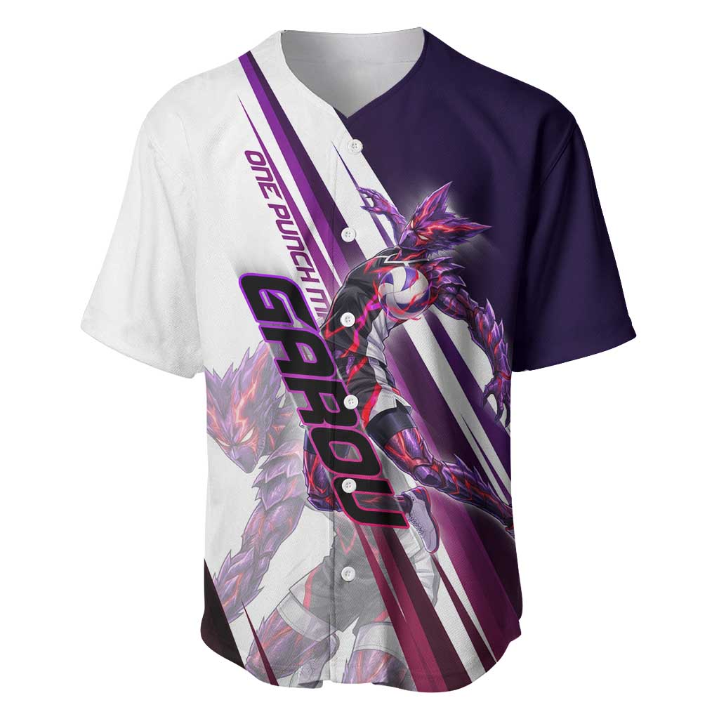 Personalized Garou Monster Volleyball Design Baseball Jersey with Dynamic Pose, Purple and White Diagonal Stripes Featuring One Punch Man Anime Theme