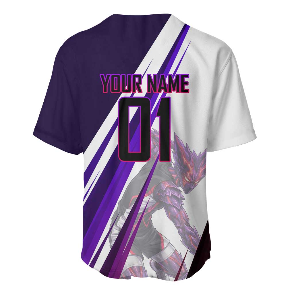 Personalized Garou Monster Volleyball Design Baseball Jersey with Dynamic Pose, Purple and White Diagonal Stripes Featuring One Punch Man Anime Theme