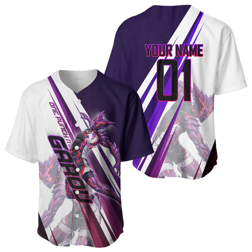 Personalized Garou Monster Volleyball Design Baseball Jersey with Dynamic Pose, Purple and White Diagonal Stripes Featuring One Punch Man Anime Theme