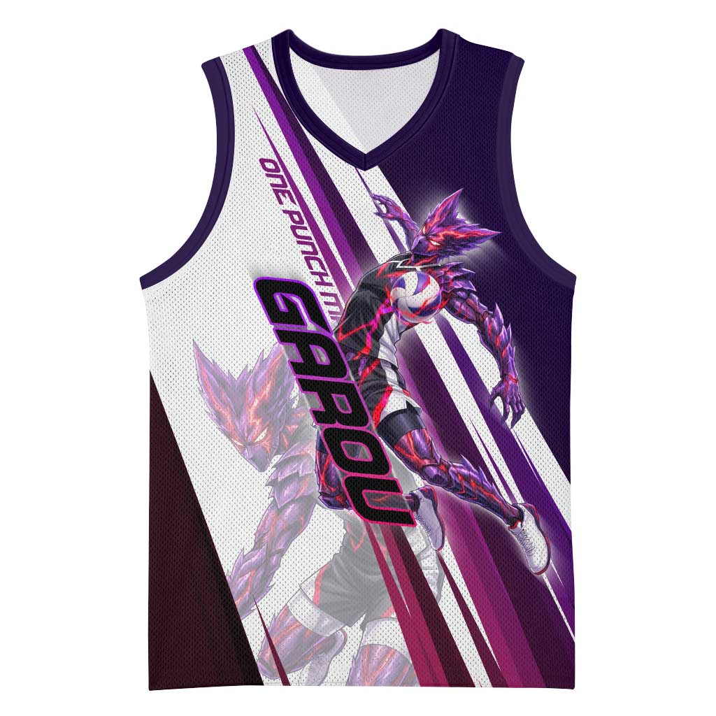 Personalized Garou Monster Volleyball Design Basketball Jersey with Dynamic Pose, Purple and White Diagonal Stripes Featuring One Punch Man Anime Theme