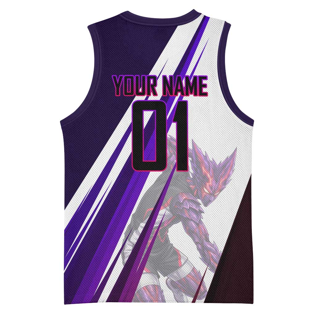 Personalized Garou Monster Volleyball Design Basketball Jersey with Dynamic Pose, Purple and White Diagonal Stripes Featuring One Punch Man Anime Theme