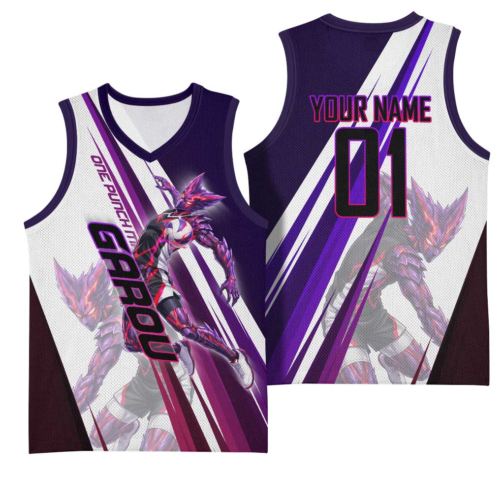 Personalized Garou Monster Volleyball Design Basketball Jersey with Dynamic Pose, Purple and White Diagonal Stripes Featuring One Punch Man Anime Theme