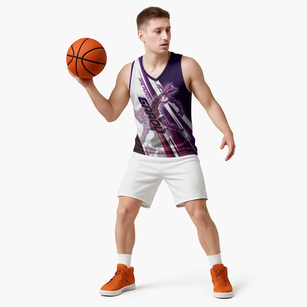Personalized Garou Monster Volleyball Design Basketball Jersey with Dynamic Pose, Purple and White Diagonal Stripes Featuring One Punch Man Anime Theme