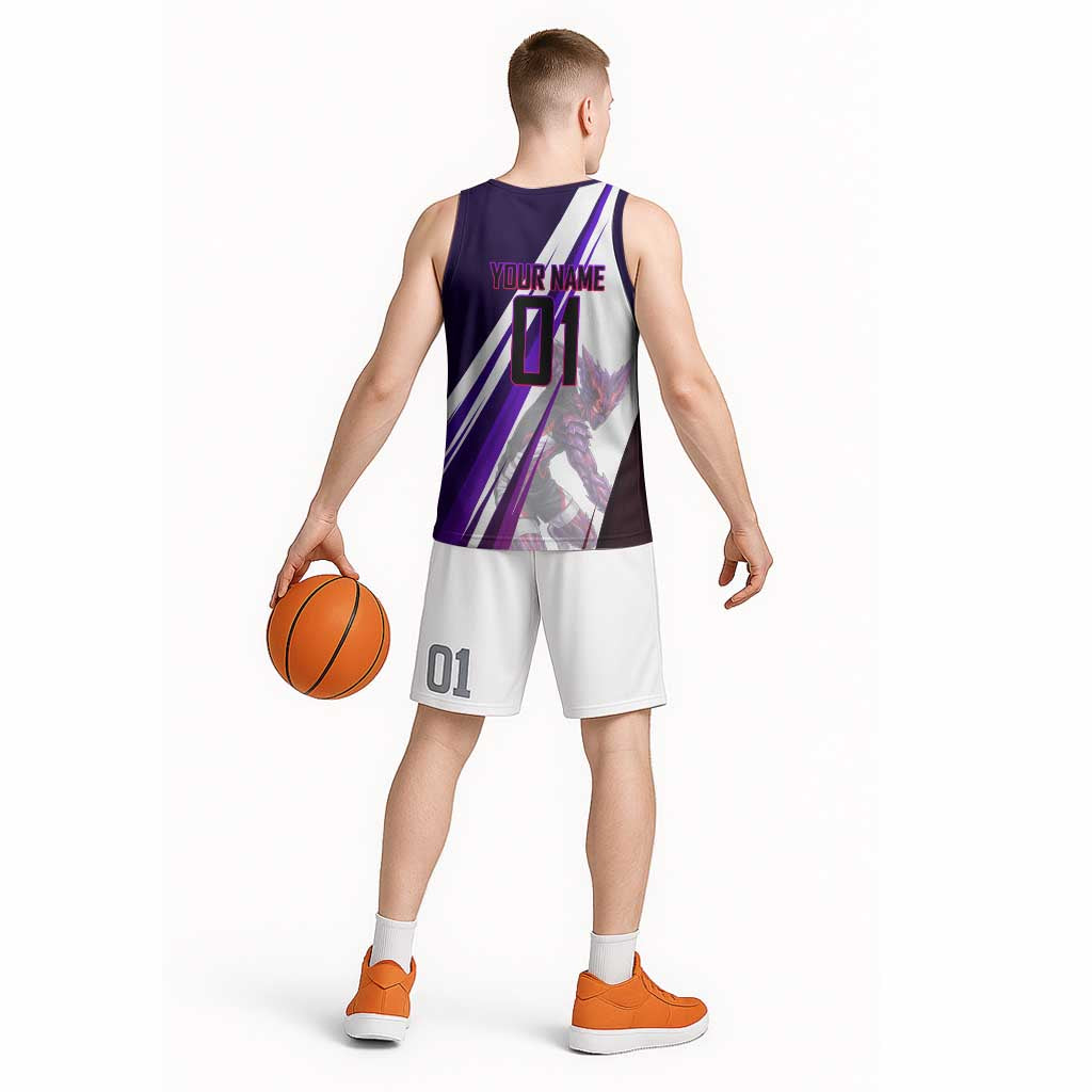 Personalized Garou Monster Volleyball Design Basketball Jersey with Dynamic Pose, Purple and White Diagonal Stripes Featuring One Punch Man Anime Theme