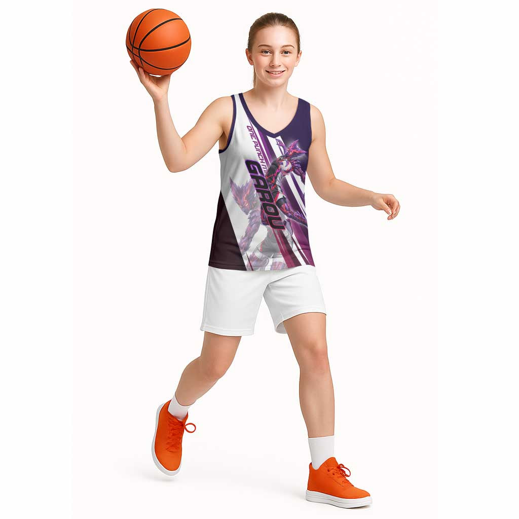 Personalized Garou Monster Volleyball Design Basketball Jersey with Dynamic Pose, Purple and White Diagonal Stripes Featuring One Punch Man Anime Theme