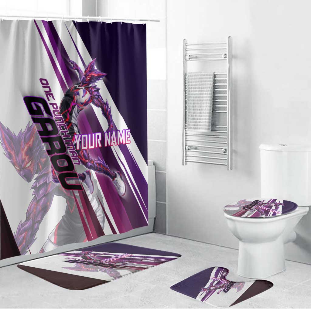 Personalized Garou Monster Volleyball Design Bathroom Set with Dynamic Pose, Purple and White Diagonal Stripes Featuring One Punch Man Anime Theme