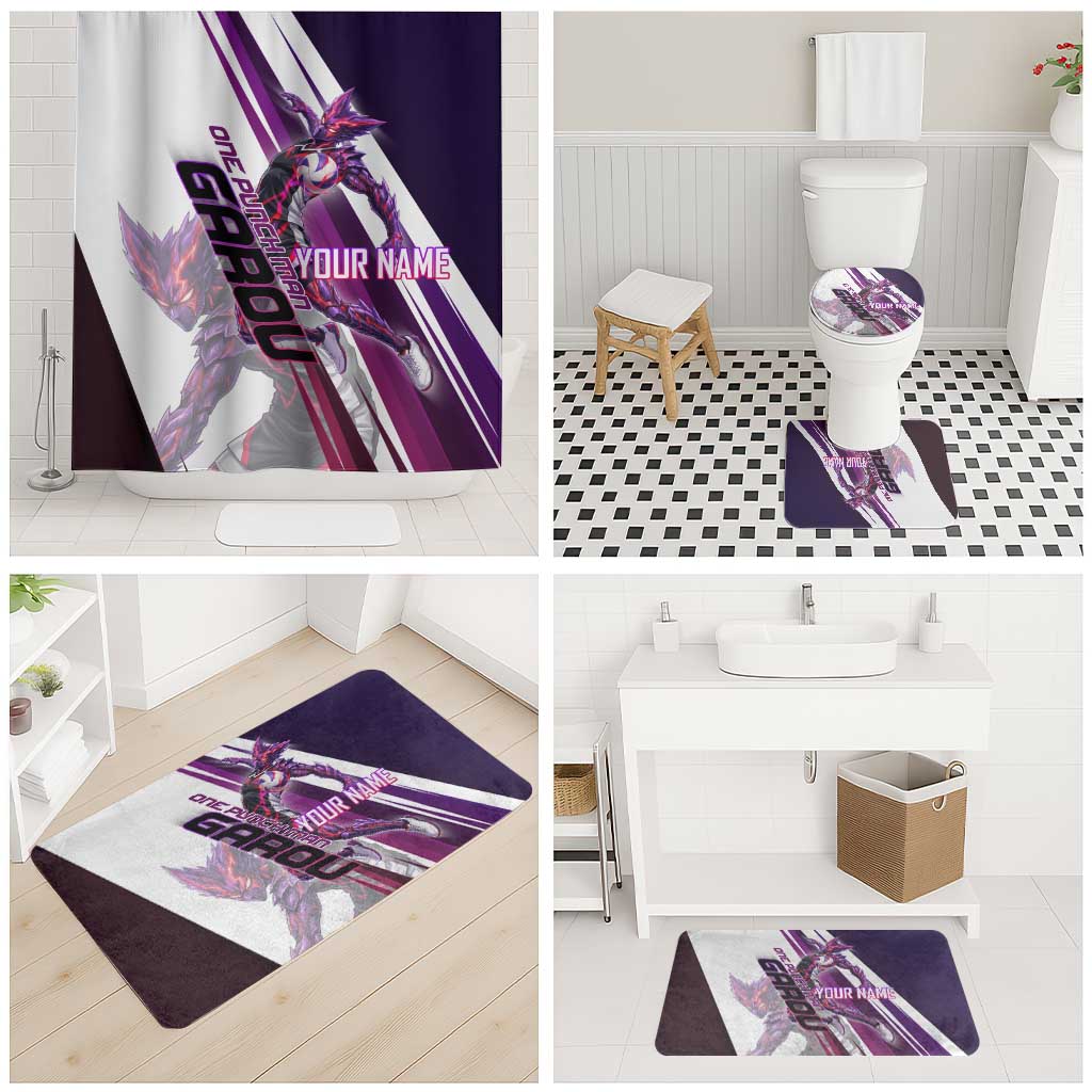 Personalized Garou Monster Volleyball Design Bathroom Set with Dynamic Pose, Purple and White Diagonal Stripes Featuring One Punch Man Anime Theme