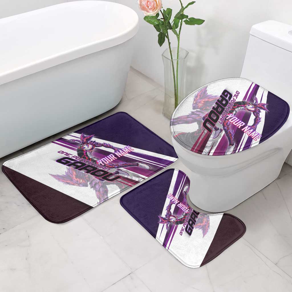 Personalized Garou Monster Volleyball Design Bathroom Set with Dynamic Pose, Purple and White Diagonal Stripes Featuring One Punch Man Anime Theme