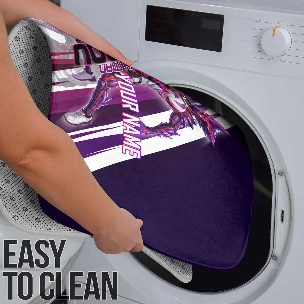 Personalized Garou Monster Volleyball Design Bathroom Set with Dynamic Pose, Purple and White Diagonal Stripes Featuring One Punch Man Anime Theme