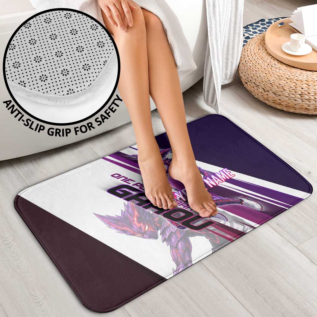 Personalized Garou Monster Volleyball Design Bathroom Set with Dynamic Pose, Purple and White Diagonal Stripes Featuring One Punch Man Anime Theme