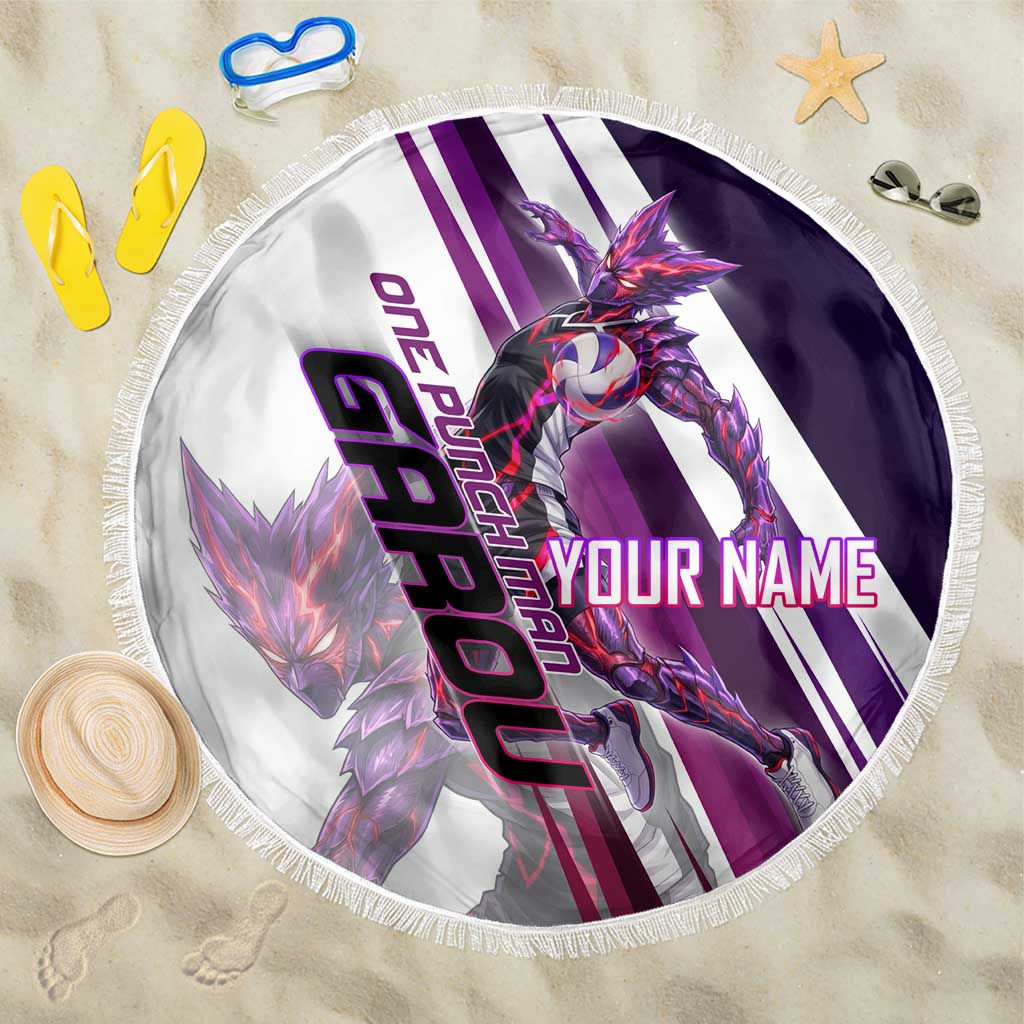 Personalized Garou Monster Volleyball Design Beach Blanket with Dynamic Pose, Purple and White Diagonal Stripes Featuring One Punch Man Anime Theme