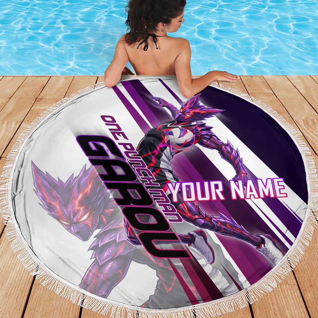 Personalized Garou Monster Volleyball Design Beach Blanket with Dynamic Pose, Purple and White Diagonal Stripes Featuring One Punch Man Anime Theme