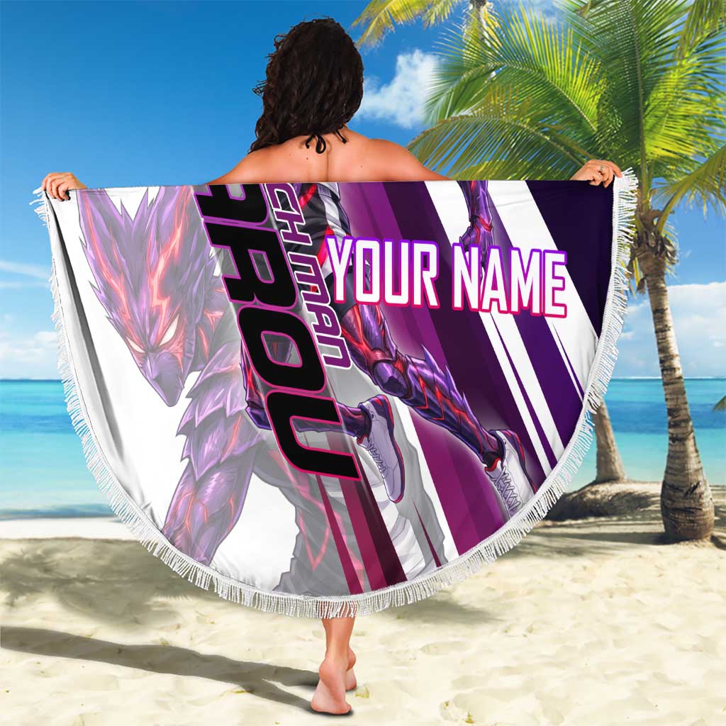 Personalized Garou Monster Volleyball Design Beach Blanket with Dynamic Pose, Purple and White Diagonal Stripes Featuring One Punch Man Anime Theme