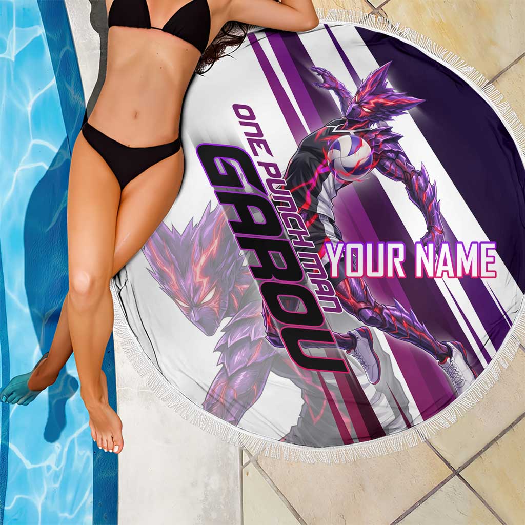 Personalized Garou Monster Volleyball Design Beach Blanket with Dynamic Pose, Purple and White Diagonal Stripes Featuring One Punch Man Anime Theme