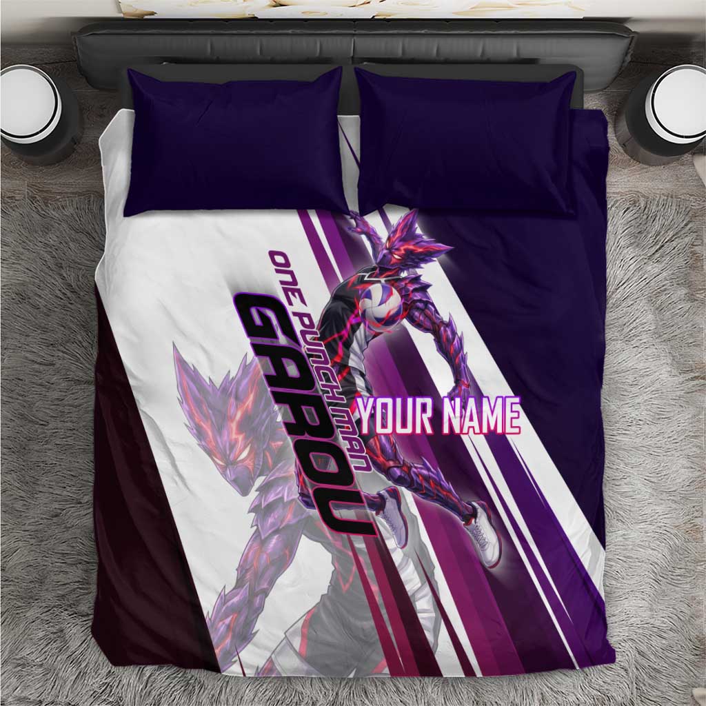 Personalized Garou Monster Volleyball Design Bedding Set with Dynamic Pose, Purple and White Diagonal Stripes Featuring One Punch Man Anime Theme