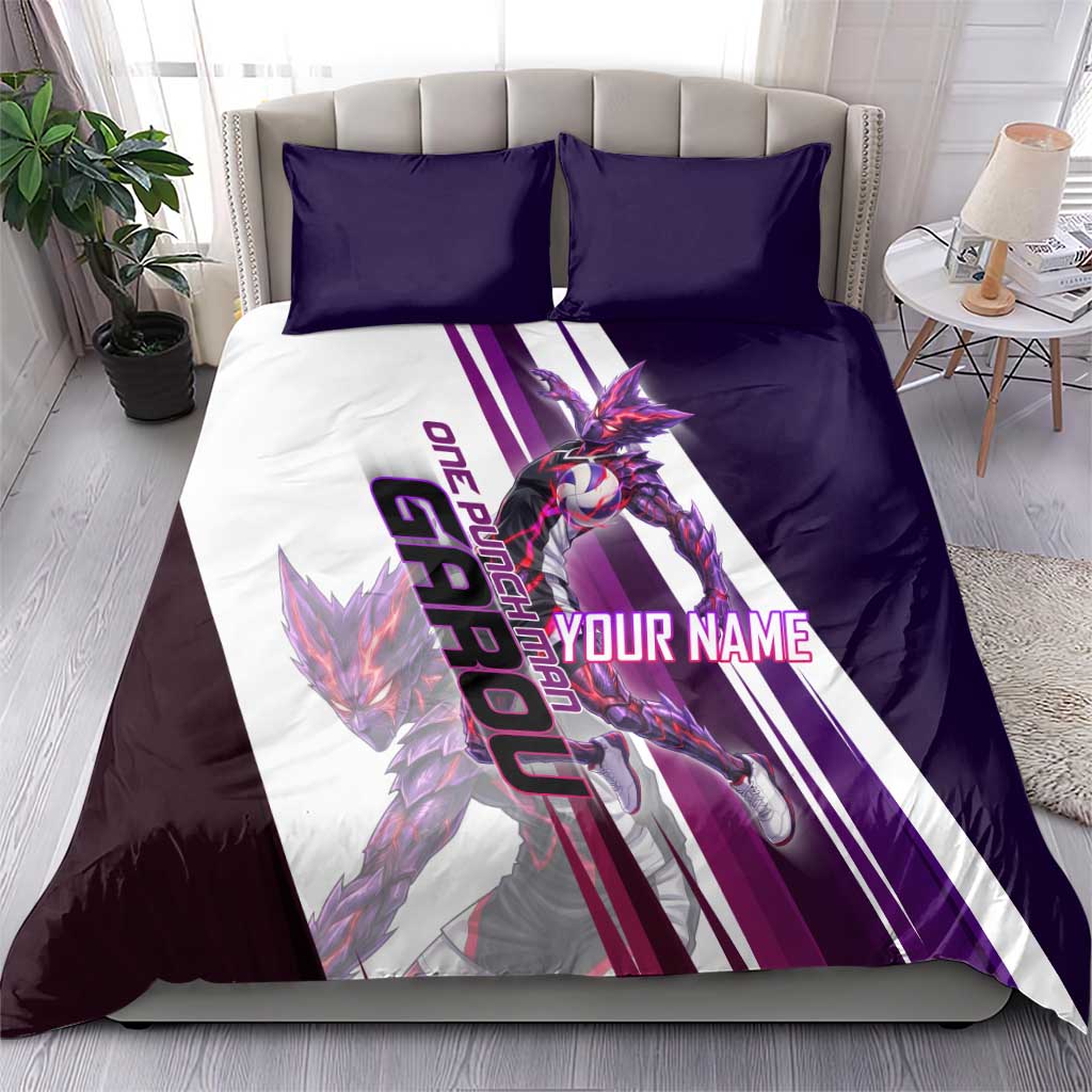 Personalized Garou Monster Volleyball Design Bedding Set with Dynamic Pose, Purple and White Diagonal Stripes Featuring One Punch Man Anime Theme