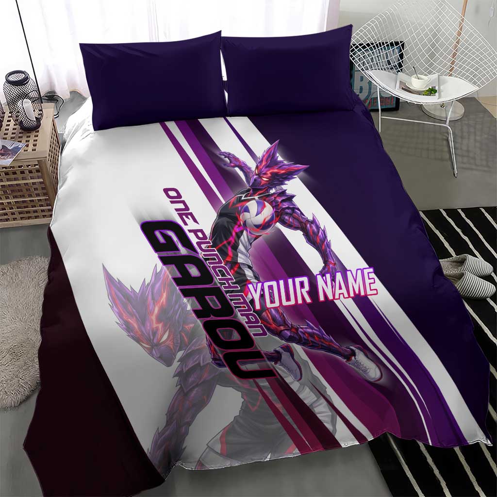 Personalized Garou Monster Volleyball Design Bedding Set with Dynamic Pose, Purple and White Diagonal Stripes Featuring One Punch Man Anime Theme