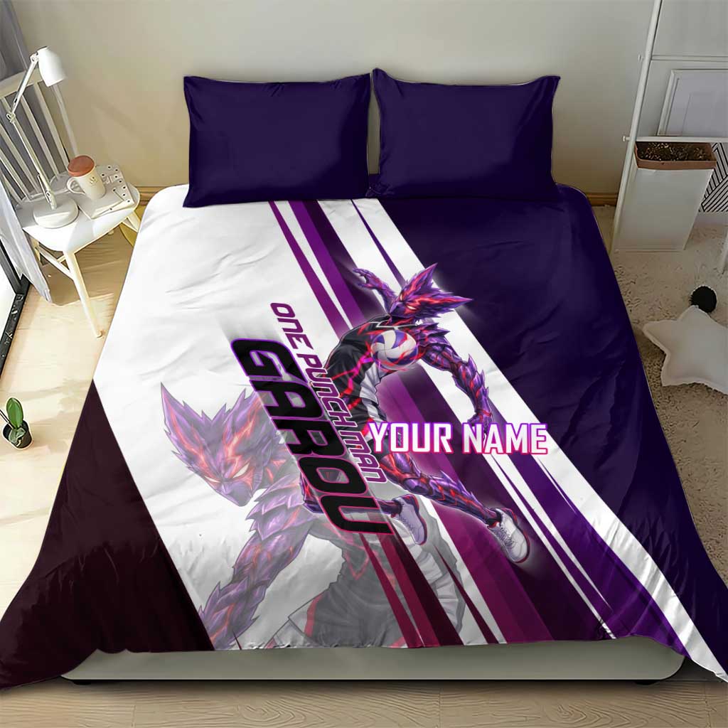 Personalized Garou Monster Volleyball Design Bedding Set with Dynamic Pose, Purple and White Diagonal Stripes Featuring One Punch Man Anime Theme