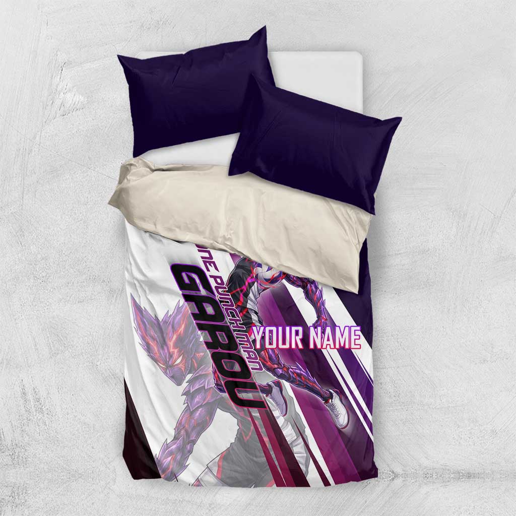 Personalized Garou Monster Volleyball Design Bedding Set with Dynamic Pose, Purple and White Diagonal Stripes Featuring One Punch Man Anime Theme