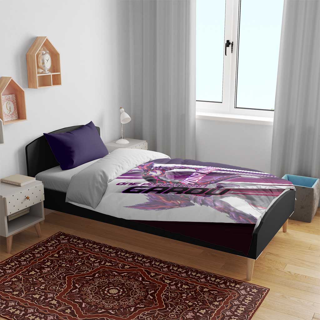 Personalized Garou Monster Volleyball Design Bedding Set with Dynamic Pose, Purple and White Diagonal Stripes Featuring One Punch Man Anime Theme