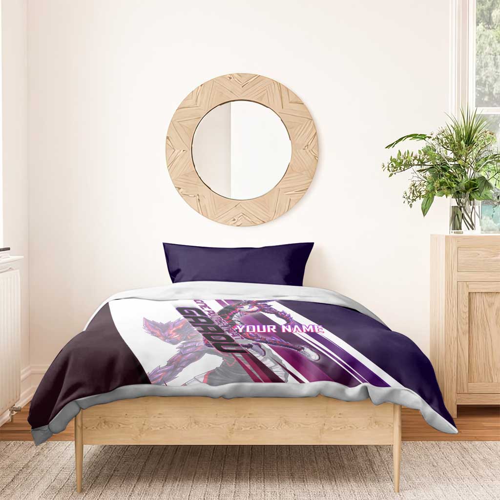 Personalized Garou Monster Volleyball Design Bedding Set with Dynamic Pose, Purple and White Diagonal Stripes Featuring One Punch Man Anime Theme
