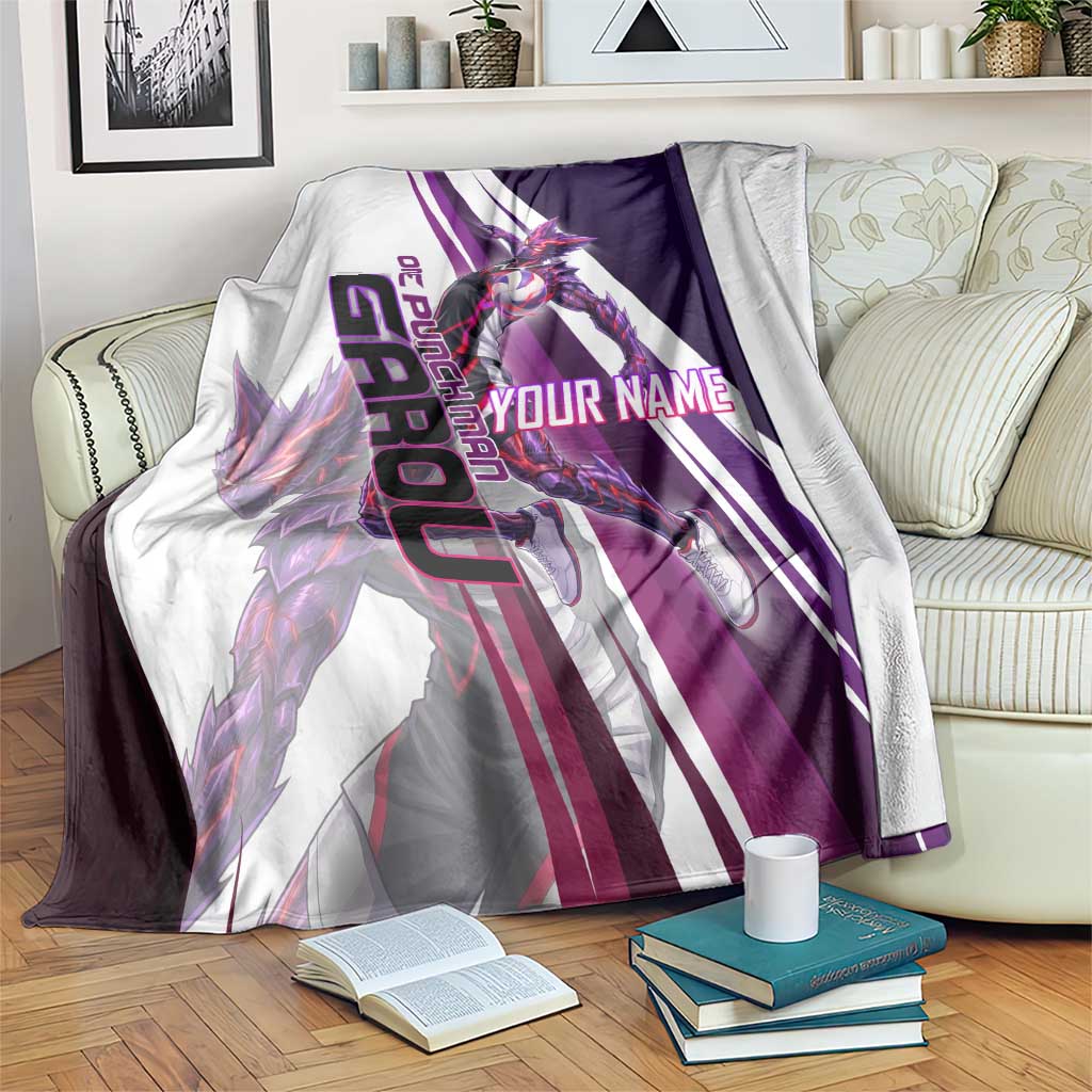 Personalized Garou Monster Volleyball Design Blanket with Dynamic Pose, Purple and White Diagonal Stripes Featuring One Punch Man Anime Theme