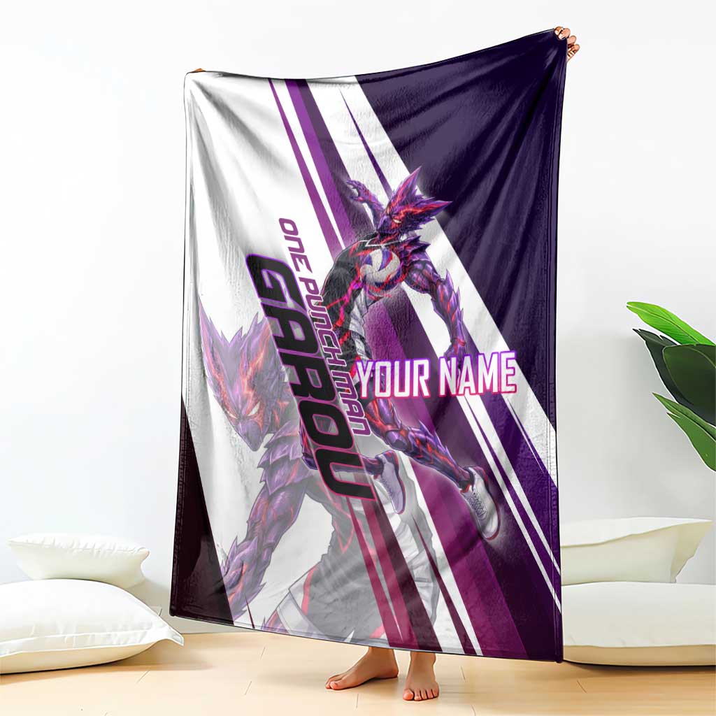 Personalized Garou Monster Volleyball Design Blanket with Dynamic Pose, Purple and White Diagonal Stripes Featuring One Punch Man Anime Theme
