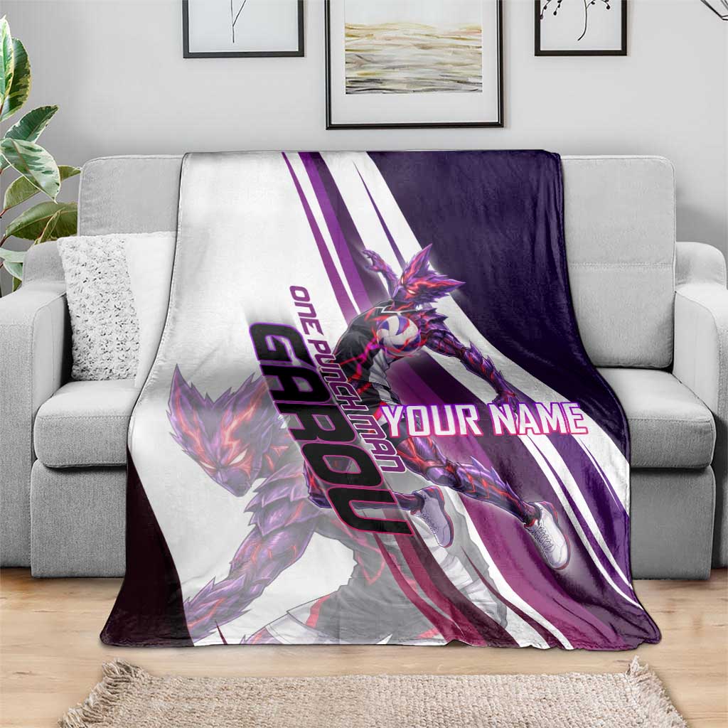 Personalized Garou Monster Volleyball Design Blanket with Dynamic Pose, Purple and White Diagonal Stripes Featuring One Punch Man Anime Theme